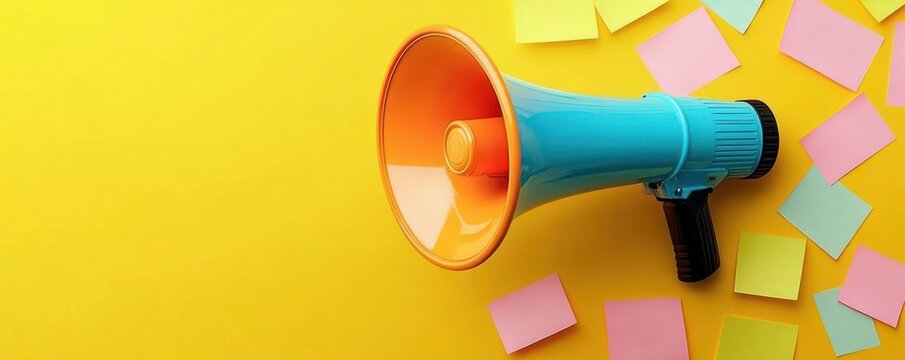 Blue and orange megaphone on yellow background surrounded by colorful sticky notes conveying ideas and communication