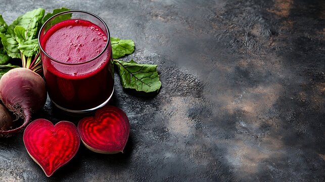 Fresh beetroot smoothie in glass with beetroot and leaves on dark background