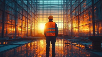 Construction worker wearing safety gear stands inside glass-structured building at sunset with reflective floor and vibrant orange light