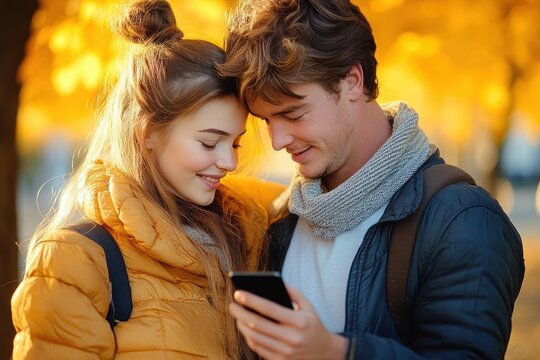 Young couple standing close together outdoors on autumn day, smiling and looking at smartphone with cozy warm clothing - Powered by Adobe