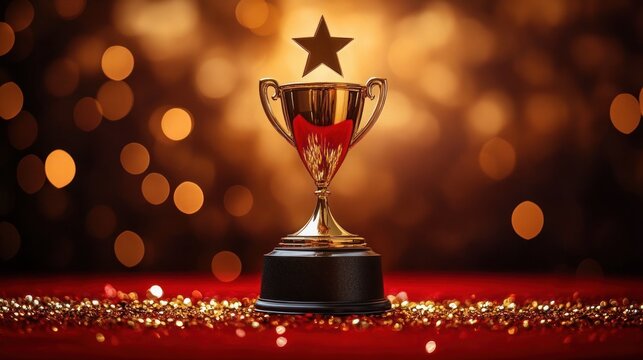gold trophy cup with handles and a star on top standing on a red surface with golden confetti and a glowing bokeh background conveying celebration and achievement - Powered by Adobe