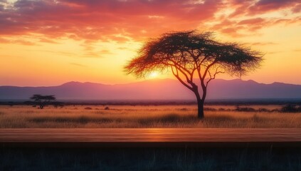 Lone acacia tree silhouetted against a dramatic orange sunset sky over a vast savannah landscape with distant mountains and a wooden platform in foreground