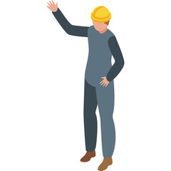 Isometric construction worker wearing blue overalls and yellow hard hat waving hello isolated on white background with transparent background