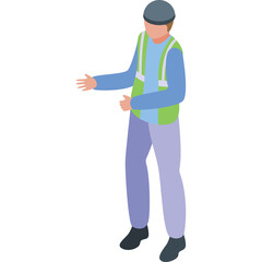 Isometric construction worker wearing high visibility vest and hard hat gesturing with open hands in a professional stance against a clean white background 