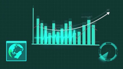 Futuristic financial data analysis with globe and rising trend graph visualizing investment insights. Futuristic digital financial data analysis with upward trend graph and globe showing market. - Powered by Adobe