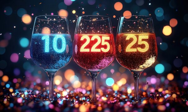 Three wine glasses filled with colorful sparkling liquids displaying glowing numeric values 10, 225, and 25 against a festive bokeh background with scattered confetti