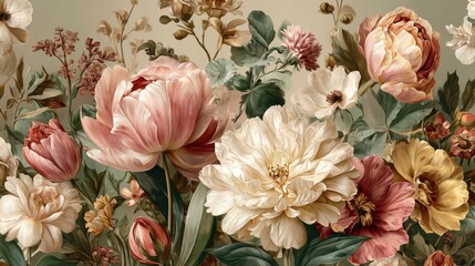 Elegant vintage floral arrangement with peonies roses and garden flowers in soft pastel colors perfect for classical artwork backgrounds