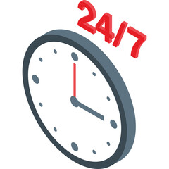 Isometric Clock Face Displaying 24/7 Service With Red 24/7 Text Above A Dark Gray Clock With A White Face and Red Hour and Minute Hands against a Transparent Background