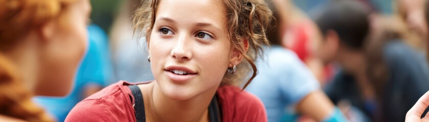 Close-up of young girl with curly hair and expressive eyes engaging in outdoor conversation with friends on a sunny day in a lively park setting