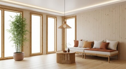 Obraz premium Modern neutral living room interior with large windows plush sofa and minimalist coffee table flooded with natural light