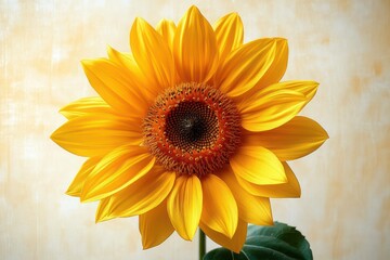 Close-up of a bright yellow sunflower with detailed petals and central disk against a soft, neutral background, evoking warmth and natural beauty