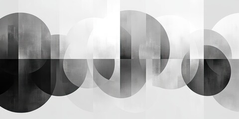 Abstract composition of overlapping translucent black, gray, and white circles and vertical rectangles creating a balanced geometric pattern with a textured gradient effect