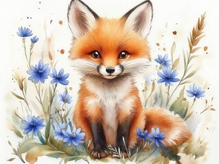 Obraz premium Adorable young orange fox sitting surrounded by delicate blue flowers and soft greenery with a gentle and curious expression