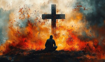 A person sitting contemplatively before a large cross surrounded by dramatic fiery and smoky clouds, evoking emotions of reflection and solemnity