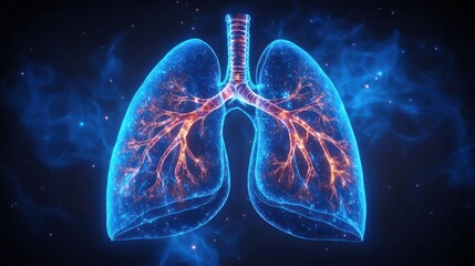 Glowing digital illustration of human lungs with highlighted bronchial tree and ethereal blue smoky background conveying respiratory system function