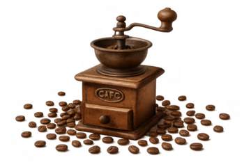 Vintage manual coffee grinder with roasted coffee beans