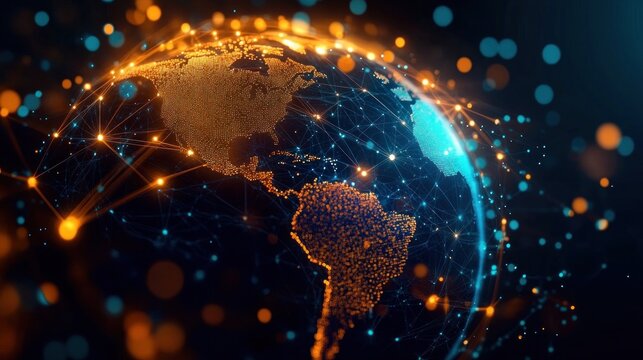 Digital globe displaying North and South America with illuminated network connections symbolizing global communication and data exchange