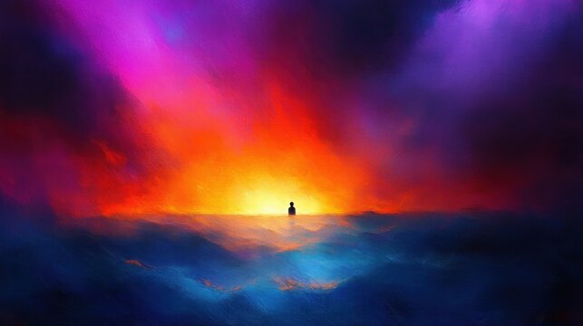 Silhouette of a person standing alone on a vast ocean under a dramatic sky with vibrant colors of orange, red, purple, and blue suggesting a sunrise or sunset, evoking solitude and contemplation
