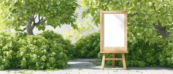 Vibrant outdoor garden scene with lush green trees flowe bushes and a blank wooden standing signboard on sunny day