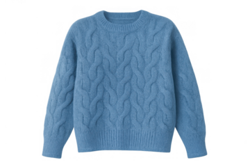 Blue cable knit sweater on a transparent background, showcasing a warm woolen pullover with a textured pattern and long sleeves