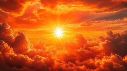Vibrant orange sunset with glowing sun rays breaking through dramatic clouds creating a warm and awe-inspiring sky