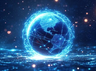 Glowing digital globe of Earth showing North and South America surrounded by interconnected neon blue network lines representing global communication and connectivity