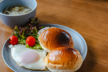 Homemade breakfast with bread and fried egg
