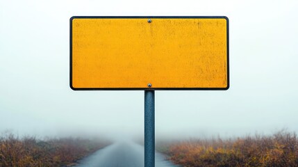Blank rectangular yellow sign mounted on metal post along foggy rural road with dry grass on both sides
