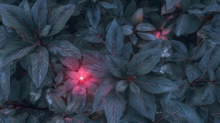 Dense foliage exhibits dark teal coloration contrasting with a central glowing pink bloom