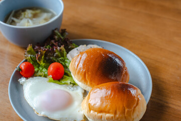 Homemade breakfast with bread and fried egg
