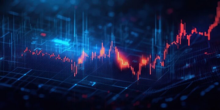 digital holographic stock market chart with fluctuating candlestick graph glowing in red and blue tones