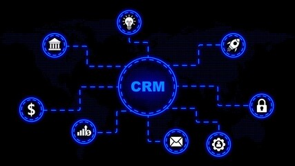 Customer Relationship Management concept with icons and world map in blue and white on black background Keywords: CRM, customer relationship management, business, strategy, sales