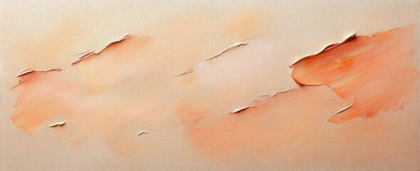 Abstract orange and peach textured paint strokes on a pale beige canvas with rough uneven layering and torn edges emitting a warm and calm feeling