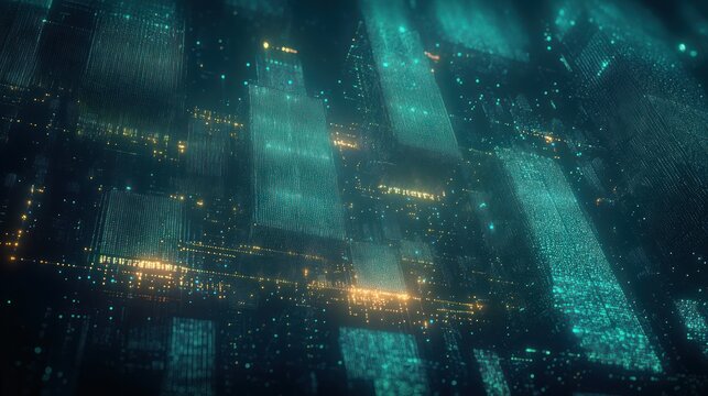 Glowing digital skyscrapers in a futuristic cityscape with teal and orange lights creating a high-tech and immersive atmosphere