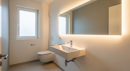 Fototapeta premium Modern bathroom design featuring illuminated mirror and natural light spacious vanity sink and minimalist toilet for a serene ambiance