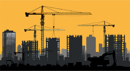 Vibrant construction scene with towering cranes and modern buildings against a striking orange sky
