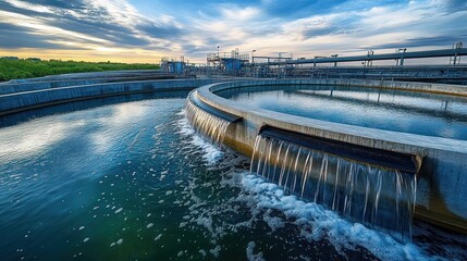 Large circular water treatment facility with cascading water and industrial pipes under a partly cloudy sky at sunset