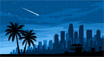 Fototapeta premium Stunning night cityscape with palm trees and a shooting star creates a magical, aspirational atmosphere for travel and business.