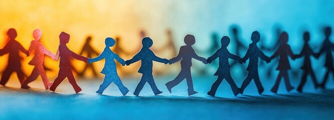 Row of paper cutout human figures holding hands against warm yellow and cool blue blurred background symbolizing unity and connection