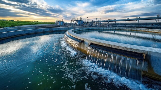 Large circular water treatment facility with cascading water and industrial pipes under a partly cloudy sky at sunset