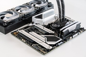 A high-performance computer motherboard with integrated liquid cooling and multiple fans for...