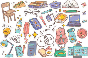 School Supplies Hand drawn doodle school icons set with seamless pattern vector illustration for education design