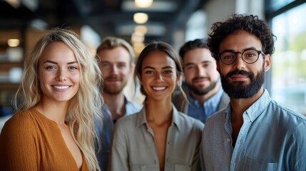 Obraz premium Group of five diverse adults smiling and looking confidently at the camera in a modern indoor setting