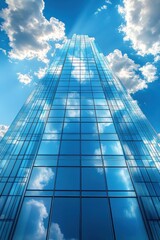 Fototapeta premium Tall modern glass skyscraper reflecting bright blue sky with white fluffy clouds during daylight