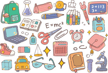 Cartoon school supplies seamless vector pattern set with education icons