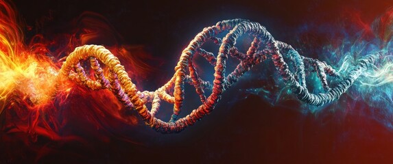 Fiery and icy double helix DNA strand glowing with vibrant orange and blue smoke against a dark background, symbolizing contrast and dynamic energy