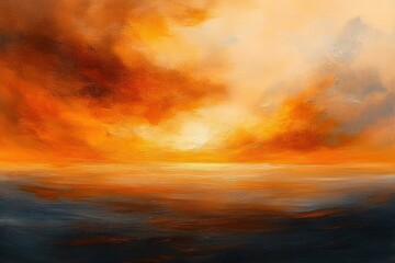 Vibrant sunset over calm ocean with dramatic orange and dark clouds blending in the sky creating a warm and serene atmosphere