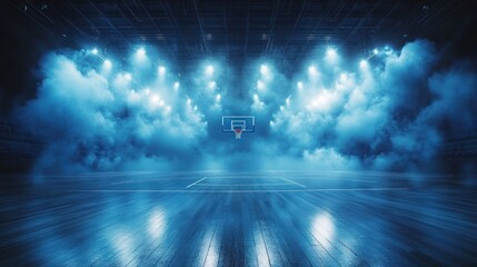 Empty indoor basketball court with dramatic blue lighting and fog creating a mysterious and intense atmosphere