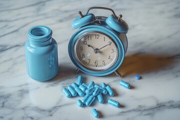 blue capsules spilled from matching blue bottle next to blue alarm clock on marble surface symbolizing time and medication