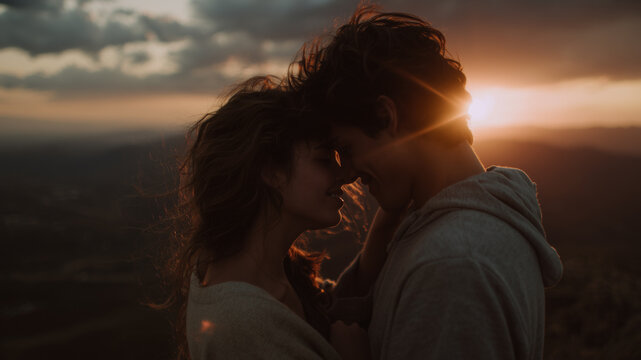 Couple, romance, love, sunset, landscape, loving couple